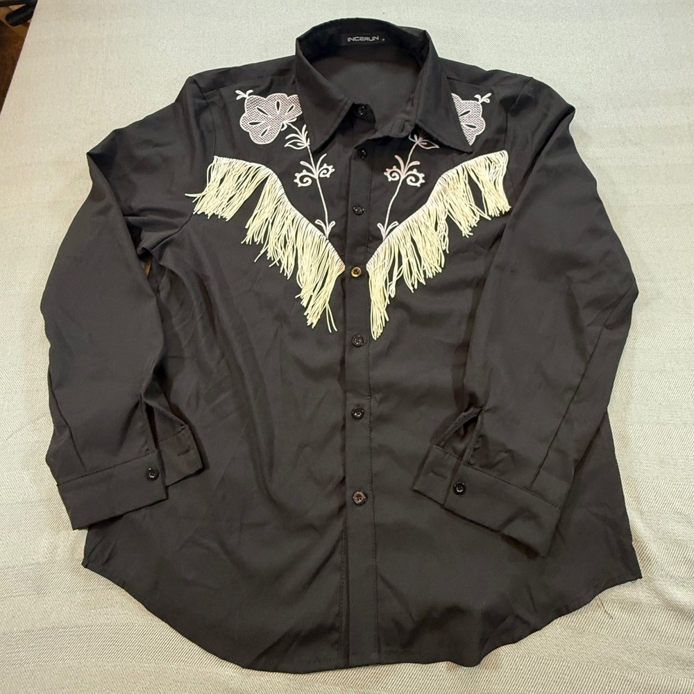 Incerun Mens Western Fringe Shirt Black Floral Embroidered Sleeve Medium 2602